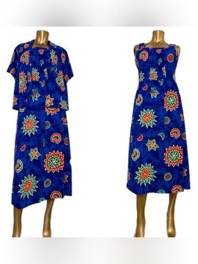 Vintage Silver Stream 100% Rayon Blue Sun Print Smocked 3-piece skirt set